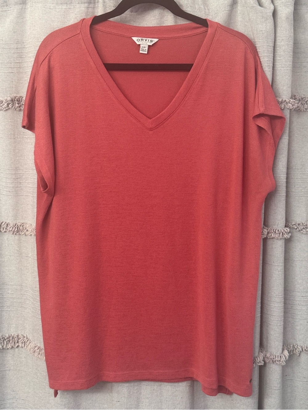 Orvis Womans Coral V-Neck Tunic Knitted Short Sleeve Top - SIZE L